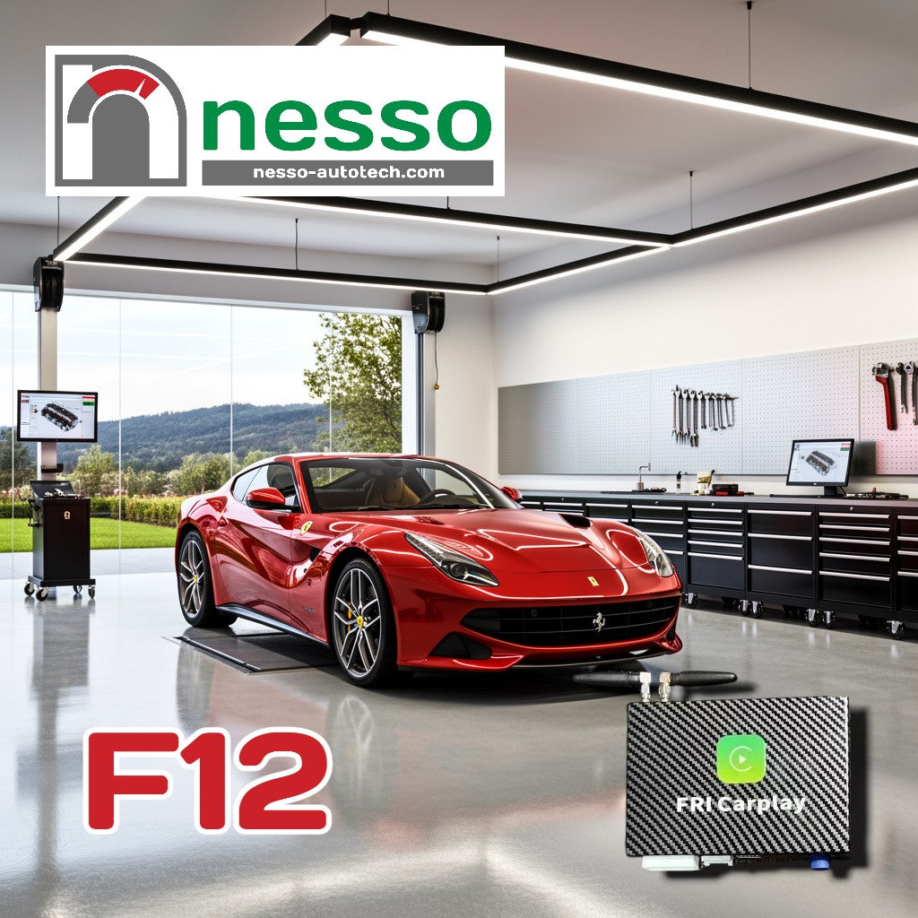 Red Ferrari F12 on a lift in a garage with 'nesso' branding and 'F12' text.