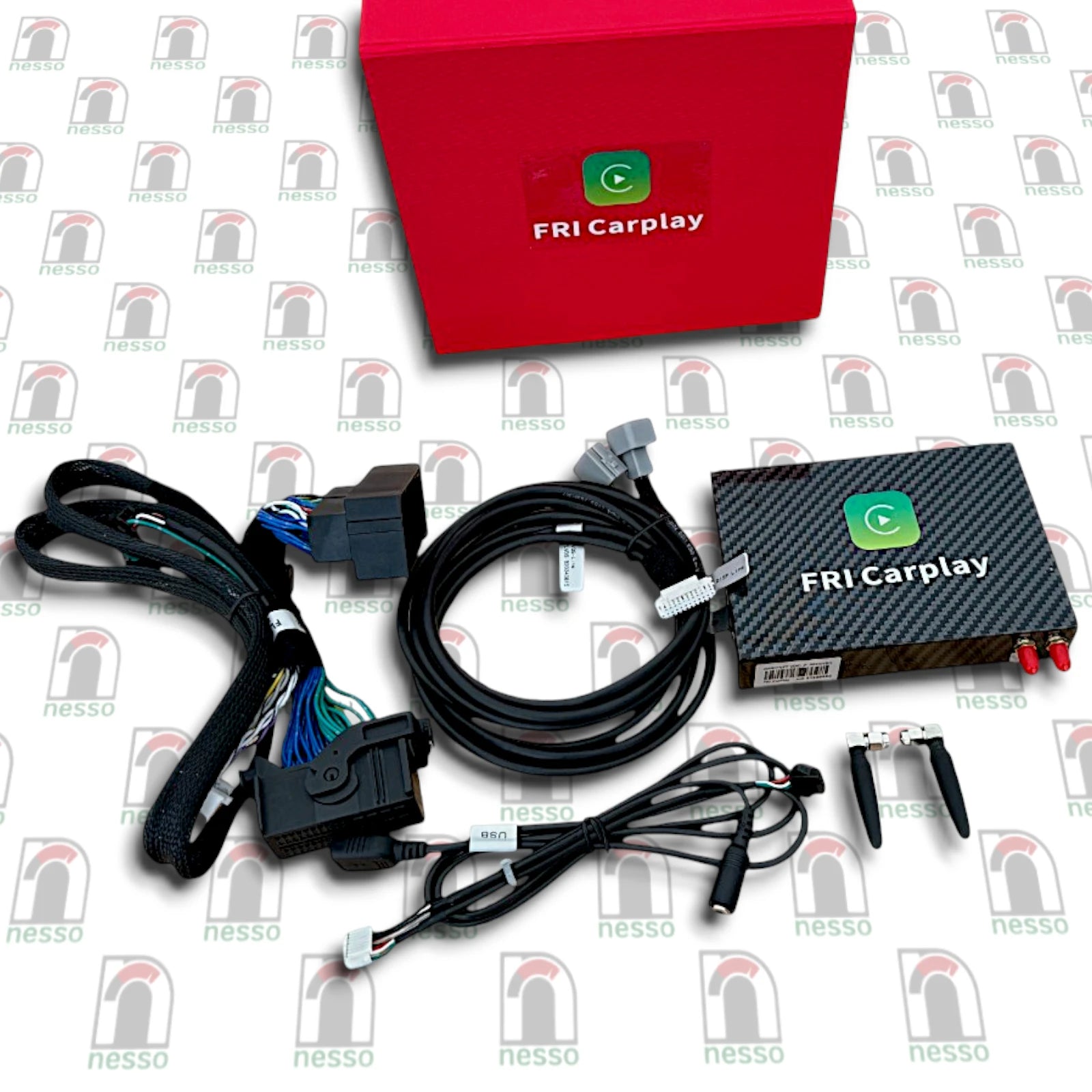 FRI F12 Carplay car audio system components on a branded background