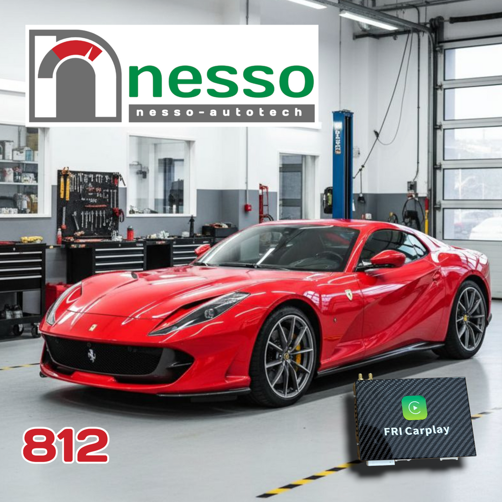 Red Ferrari 812 in a garage with 'nesso' branding and a FRI Carplay device.